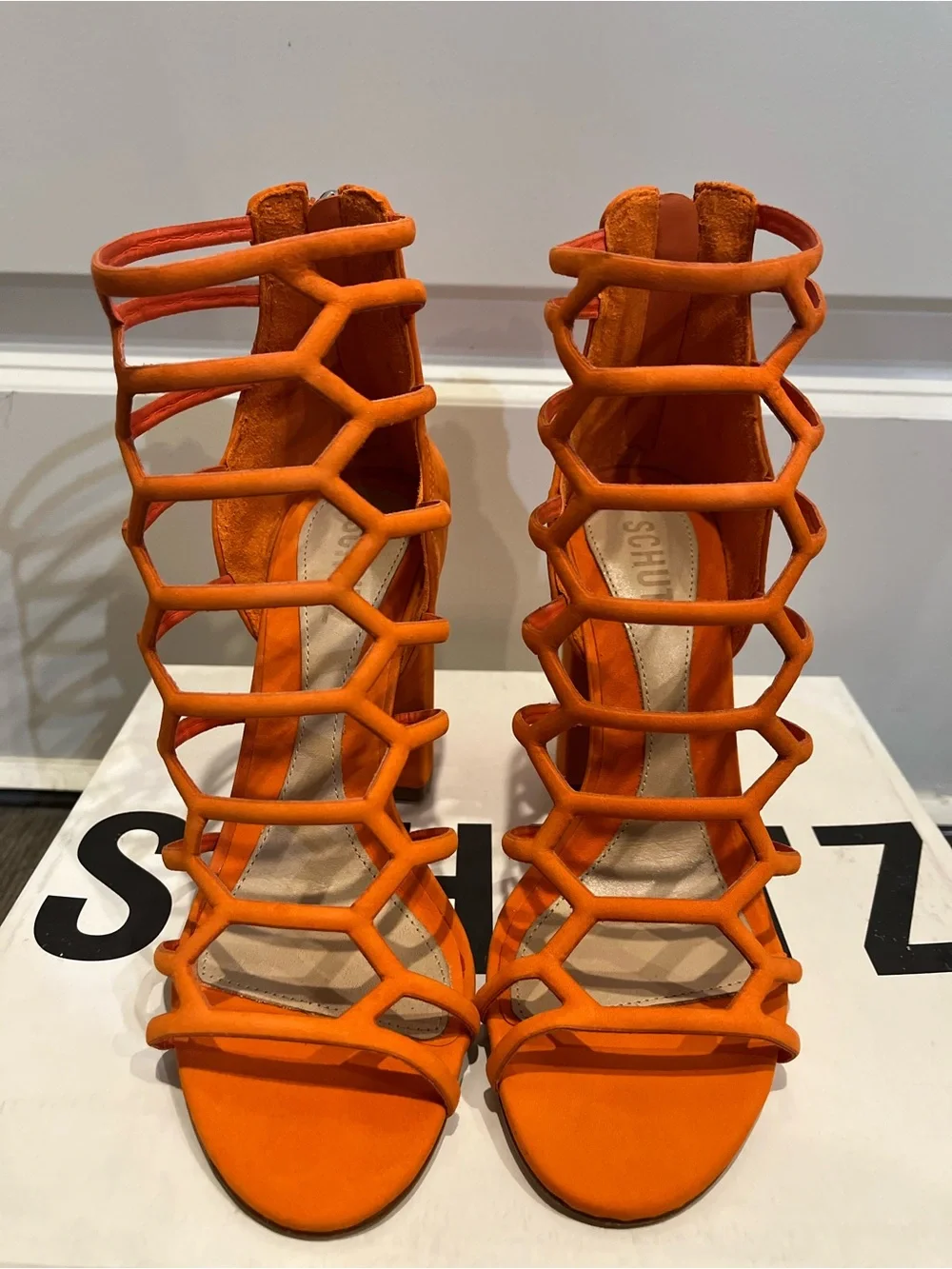 Schutz Julianna Orange Suede Gladiator Block Heels Sandals Sz 6.5